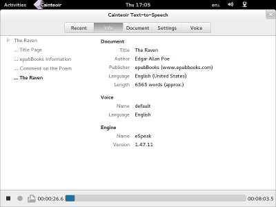 The Gnome/GTK interface to Cainteoir Text-to-Speech reading The Raven by Edgar Allen Poe.